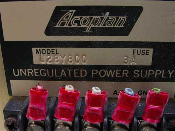 Acopian U28Y800 Unregulated Power Supply — close-up of front label showing model number U28Y800, 3A fuse rating, and red terminal binding posts