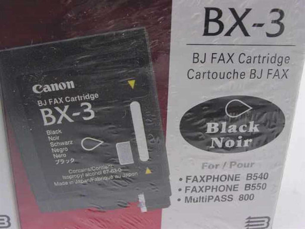 Canon BX-3 BJ Fax Cartridge close-up showing Black Noir label and compatibility list for Faxphone B540, B550, and MultiPASS 800
