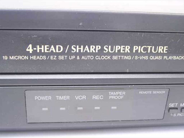 Sharp VC-A410U VCR — front panel detail showing 4-Head Sharp Super Picture label and 19 Micron Heads / S-VHS Quasi Playback text