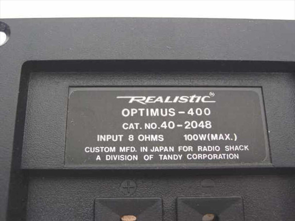 Realistic Optimus-400 rating plate reading Cat. No. 40-2048, Input 8 Ohms, 100W Max – Custom Mfd. in Japan for Radio Shack, a Division of Tandy Corporation