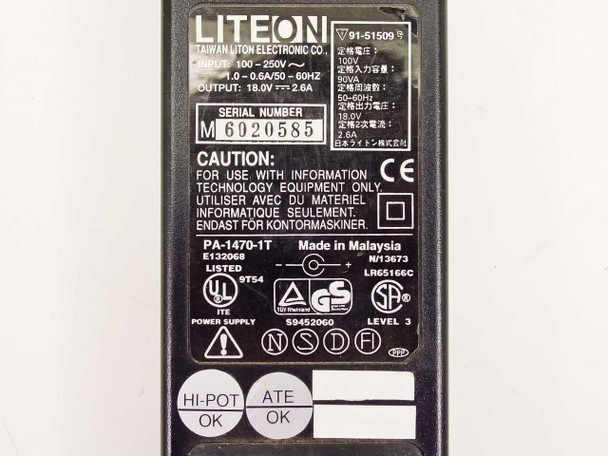 Lite-On PA-1470-1T label close-up — input 100-250V, output 18V 2.6A, serial number, UL/CE/GS certifications, Made in Malaysia