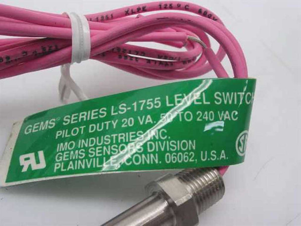 Gems LS-1755 level switch green label close-up showing Pilot Duty 20 VA 50 to 240 VAC IMO Industries Gems Sensors Division Plainville CT