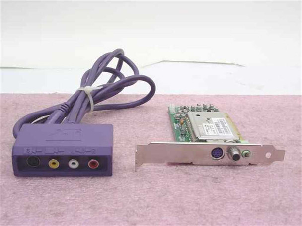 ATI TV Wonder Pro PCI TV tuner card next to purple breakout cable dongle with S-Video and RCA connectors