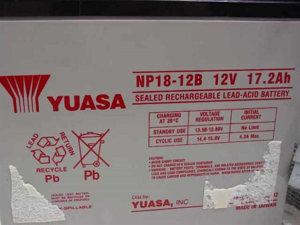 Yuasa NP18-12B 12V 17.2Ah sealed lead-acid battery label — shown for reference only, batteries disposed of and not included