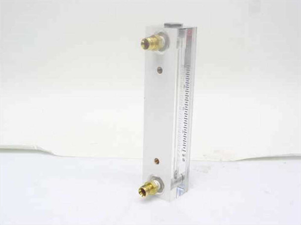 Dwyer VFB-67-SSV-PF flowmeter side and rear view showing aluminum manifold body with two brass compression fittings at top and bottom ports