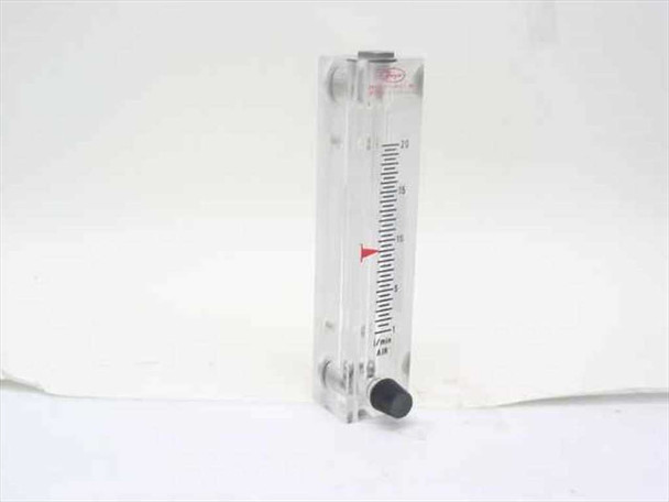 Dwyer VFB-67-SSV-PF variable area flowmeter front view showing acrylic tube, graduated 1-20 L/min air scale with red float indicator, and black needle valve knob at base