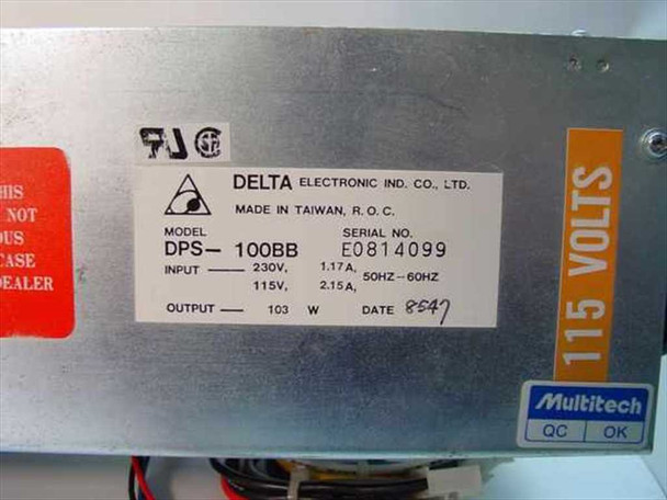 Delta Electronics DPS-100BB rating plate label showing model number, 115V/230V dual input, 103W output, 50-60Hz, Made in Taiwan, date code 8547, UL marks, and Multitech QC OK sticker