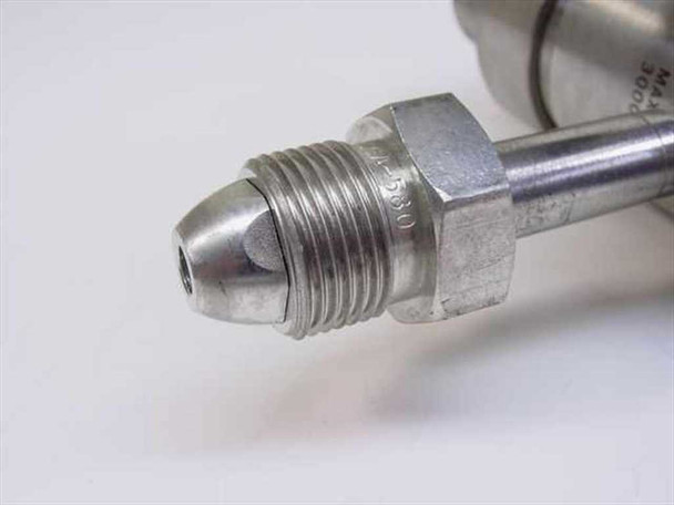 Close-up of AN/JIC male flare inlet fitting on Pacific Scientific 2653 stainless steel regulator