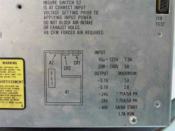 Control Data 81542301 power supply – close-up of electrical specification label showing input 100-120V/208-240V and multi-rail output voltages