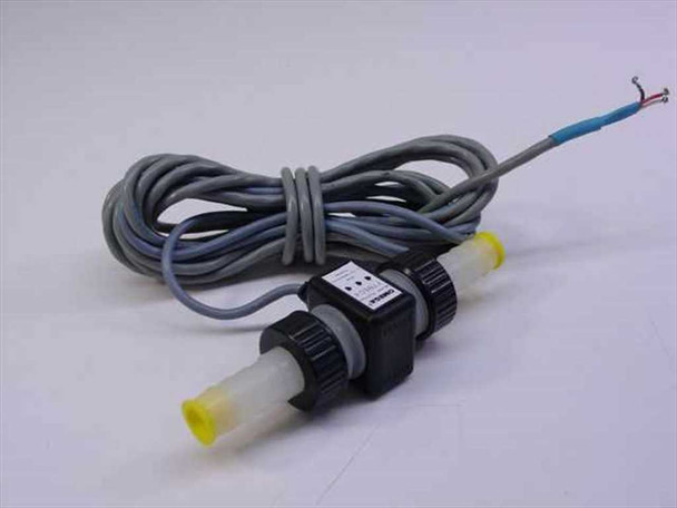 Omega Engineering FTB604 turbine flow meter shown with full cable coiled and barbed fittings with yellow end caps