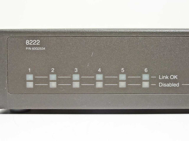 IBM 8222 front panel close-up showing model number 8222, P/N 60G2534 label, and six numbered port Link OK/Disabled LEDs