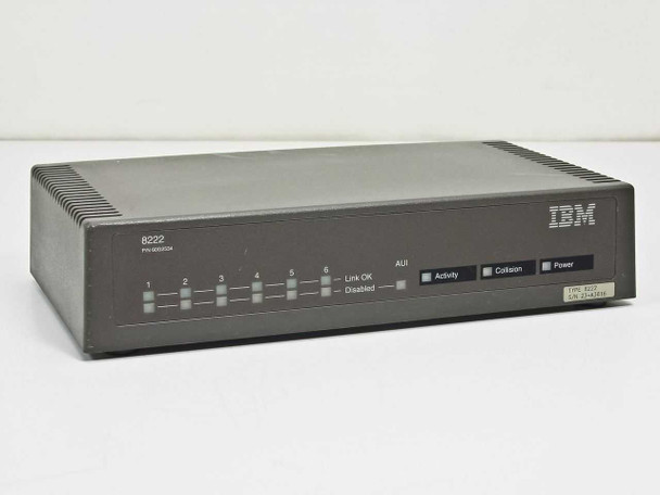 IBM 8222 6-Port 10BASE-T Ethernet Hub front panel showing model number, P/N 60G2534, six port LEDs, and Activity/Collision/Power indicators