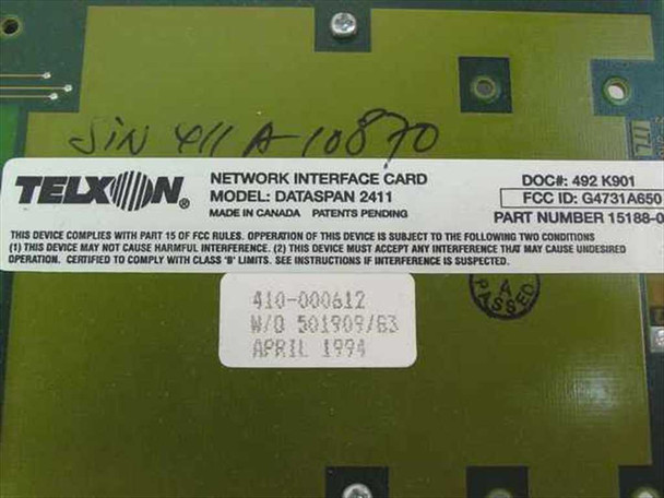 Telxon Dataspan 2411 NIC – label detail showing model, part number 15188-000, FCC ID G4731A650, DOC 492 K901, work order 501309/B3, April 1994 date code