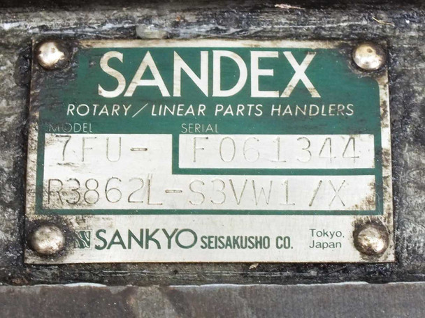 Sandex nameplate showing model 7FU, part number R3862L-S3VW1/X, manufactured by Sankyo Seisakusho Co., Tokyo Japan