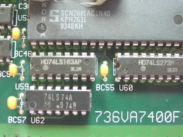 Relisys TR175 II Terminal Control Board 736VA7400F – close-up of PCB chips including SCN2681AC1N40 DUART, HD74LS163AP, HD74LS273P, and 736VA7400F board number
