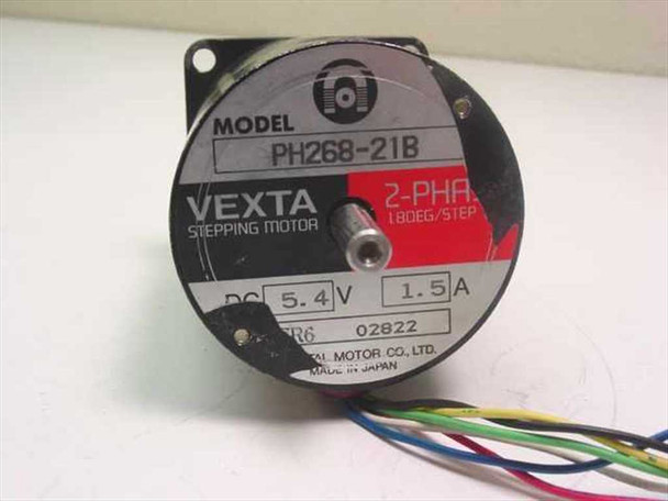 Oriental Motor Vexta PH268-21B label closeup – showing model number, VEXTA Stepping Motor branding, 2-Phase 1.8DEG/STEP, DC 5.4V 1.5A rating, and Made in Japan by Oriental Motor Co. Ltd.