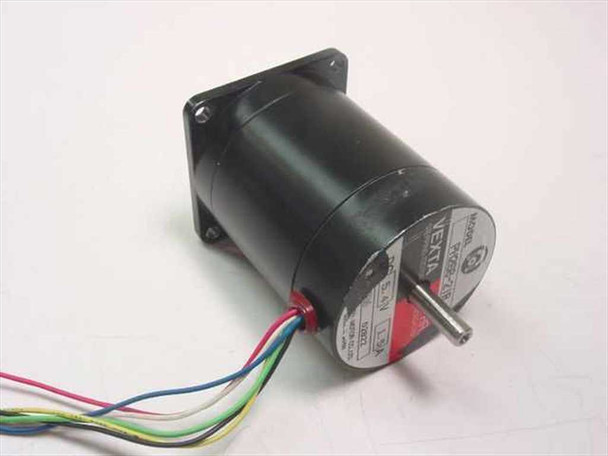 Oriental Motor Vexta PH268-21B NEMA23 stepper motor – three-quarter front view showing black cylindrical body, square mounting flange, label with specs, and multi-color flying leads with rear shaft visible