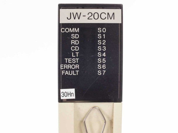 Sharp JW-20CM – close-up of front label showing status LEDs: COMM, SD, RD, CD, LT, TEST, ERROR, FAULT (S0–S7) and 30Hn marking