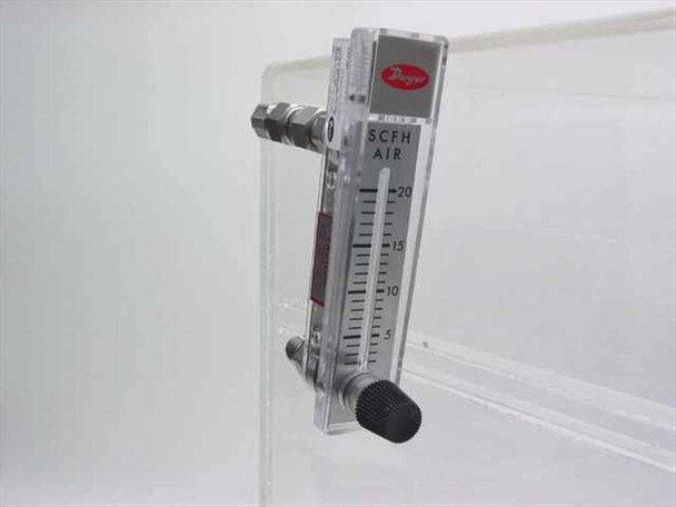 Dwyer RMA-6-SSV flow meter close-up mounted on desiccator side panel, labeled SCFH AIR with scale to 20, inlet fitting above and needle valve below