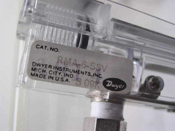 Dwyer Instruments RMA-6-SSV flow meter label showing Cat. No. RMA-6-SSV, Mich. City, Ind., Made in U.S.A., date code S 09K