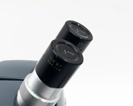 American Optical AO 569 eyepiece closeup — 10X WF widefield oculars, CAT 134, with locking rings