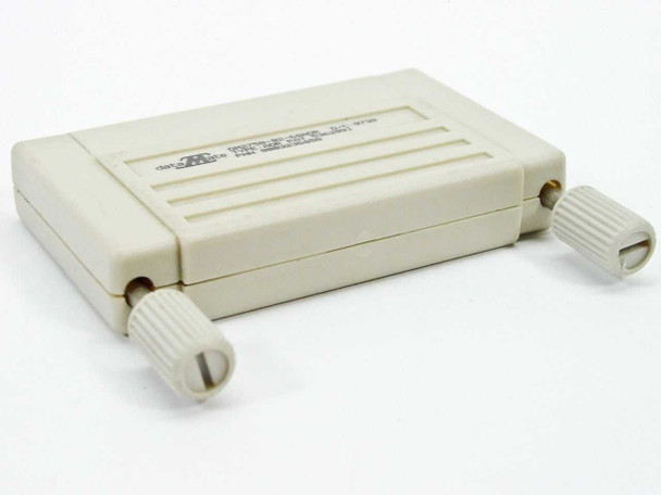 DataMate DM2750-02-68ADR SCSI terminator – top and rear view showing ribbed beige housing, DataMate label, and both captive thumbscrews extended