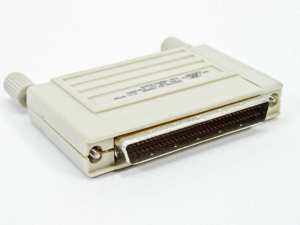 DataMate DM2750-02-68ADR active SCSI terminator – three-quarter front view showing beige plastic housing and 68-pin HD SCSI-2 connector with captive thumbscrews