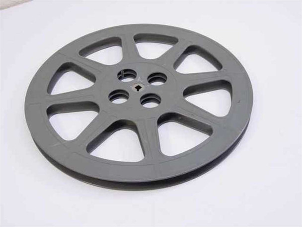 Plastic Reel Corp 16mm film reel, 13.75-inch diameter, dark gray plastic — front face view showing spoke pattern and center hub