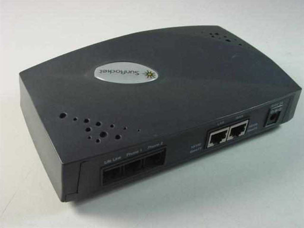 SunRocket AC-211-SR VoIP Gateway — bottom angled view showing US Life Line, Phone 1, Phone 2 RJ-11 ports and LAN/WAN RJ-45 ports