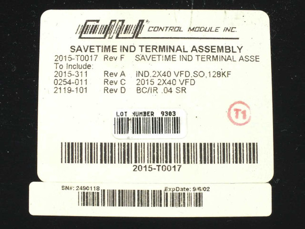Control Module CMI 2015-T0017 label showing model, Rev F, lot number 9303, sub-assembly part numbers, and expiration date 9/6/02