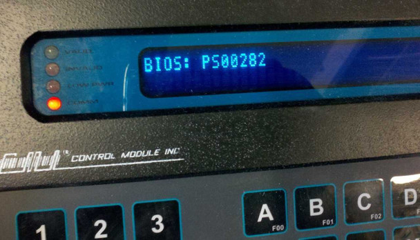 Control Module CMI 2015-T0017 VFD display showing BIOS version PS00282 during boot sequence