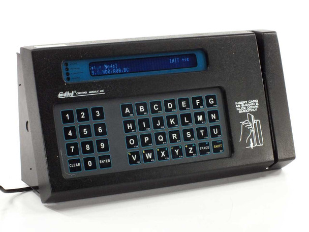 Control Module CMI 2015-T0017 SaveTime industrial time clock terminal – front view showing alphanumeric keypad, VFD display, and card swipe slot