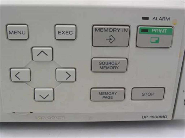 Sony UP-1800MD Mavigraph – close-up of right front panel showing MENU, EXEC, navigation arrows, MEMORY IN, SOURCE/MEMORY, MEMORY PAGE, STOP, and PRINT buttons with ALARM indicator