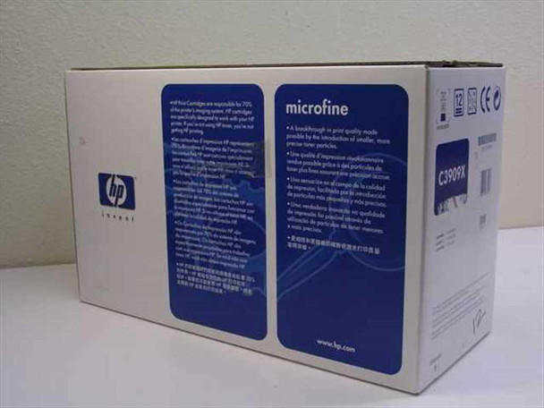HP C3909X LaserJet toner cartridge box — side panel showing microfine toner description and multilingual text with HP logo