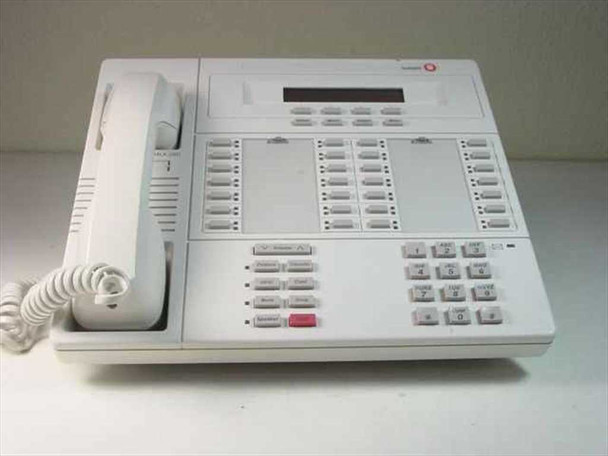 Lucent MLX-28D white office phone — front view showing handset, LCD display, 28 programmable buttons, and full keypad