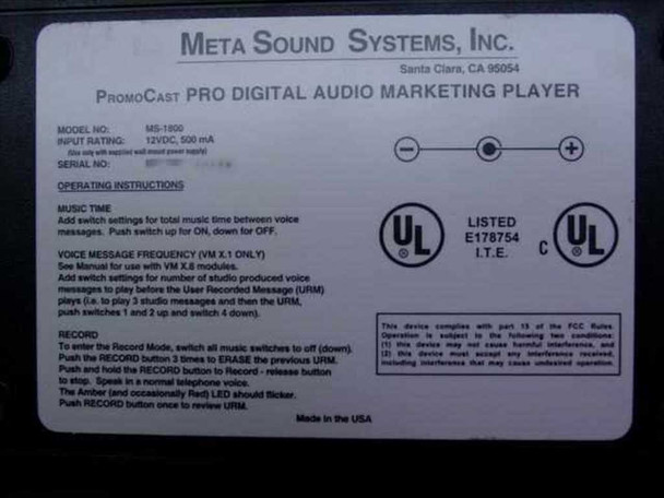 MetaSound MS-1800 PromoCast Pro Digital Audio Marketing Player w/ Ac