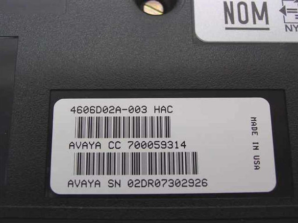 Avaya 4606 IP Office Phone bottom label showing part number 4606D02A-003, CC 700059314, SN 02DR07302926, Made in USA