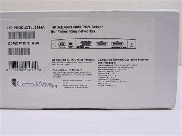 HP JetDirect 500X J3264A box end panel showing part number, Token Ring compatibility, and supported network operating systems