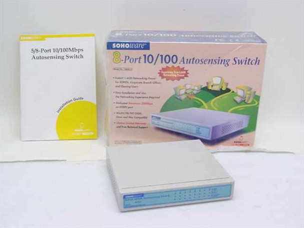Sohoware NSH810 8-Port 10/100 Autosensing Switch — open box, switch unit, original retail box, and installation guide shown together