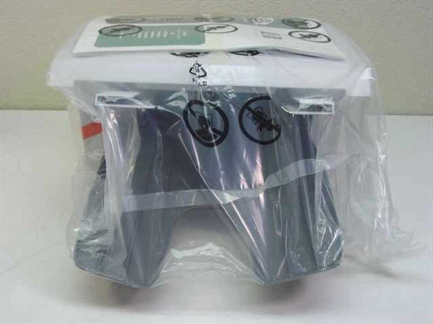 HP Q2443A Stapler Stacker in factory plastic wrap — underside and rear view showing output bins