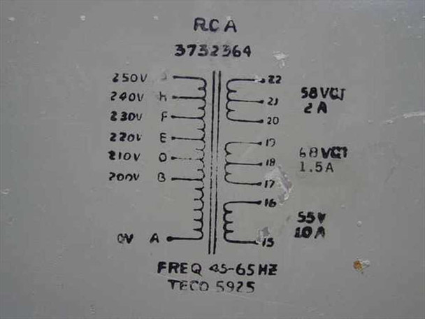 RCA MI-560772 Raw DC Power Supply — chassis label showing transformer schematic with voltage tap points (200-250V in), output ratings (58V@2A, 68V@1.5A, 55V@10A), FREQ 45-65Hz, TECO 5925