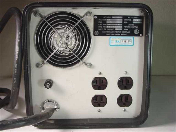 Controlled Power Company Series 800 – rear panel showing large cooling fan, four NEMA 5-15R output receptacles, rating plate, and serial number label