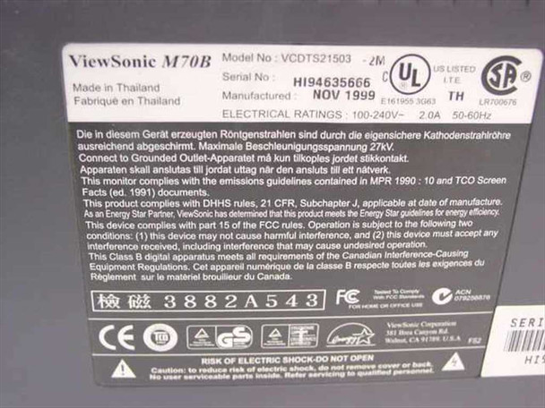 ViewSonic M70B rating label – showing model VCDTS21503-2M, serial HI94635666, manufactured November 1999, 100-240V 2.0A 50-60Hz, Made in Thailand