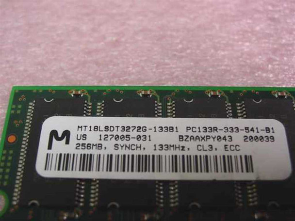 Micron MT18LSDT3272G-133B1 label close-up showing PC133R-333-541-B1, 256MB, 133MHz, CL3, ECC specs
