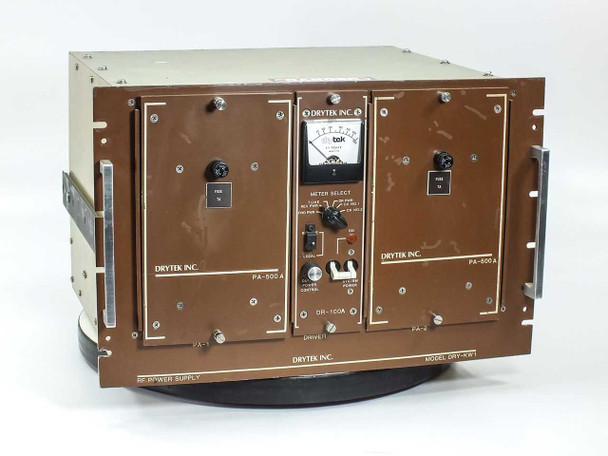 Drytek DRY-KW1 RF Power Supply front panel view showing two PA-500A amplifier modules flanking central DR-100A driver with analog meter