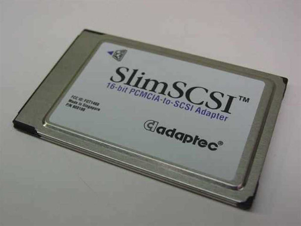 Adaptec SlimSCSI 900100 16-bit PCMCIA-to-SCSI adapter — top label view showing brand logo and model name