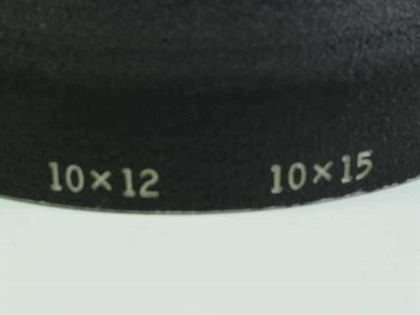 Close-up of P. Angenieux lens hood body showing embossed markings: 10×12 and 10×15