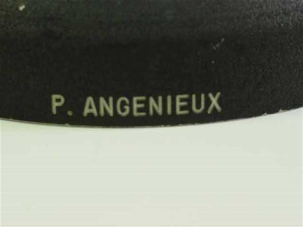 Close-up of P. Angenieux lens hood base showing engraved brand name P. ANGENIEUX