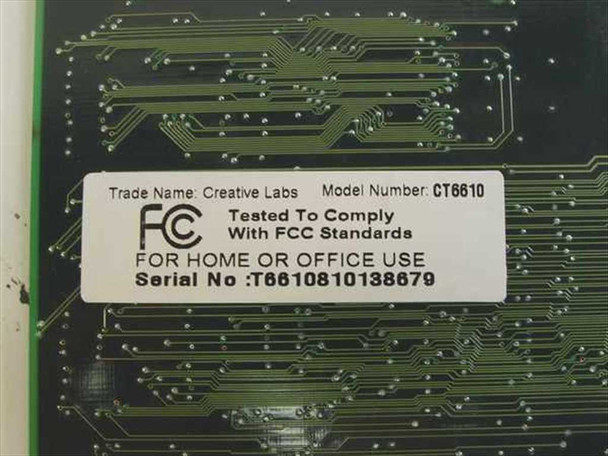 Creative Labs CT6610 — close-up of FCC label reading Trade Name: Creative Labs, Model Number CT6610, Tested to Comply With FCC Standards, Serial No: T6610810138679