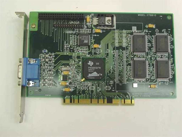 Creative Labs CT6610 Permedia 2 PCI video card — top/component side showing Texas Instruments P4020GFN GPU, memory chips, and VGA port on bracket